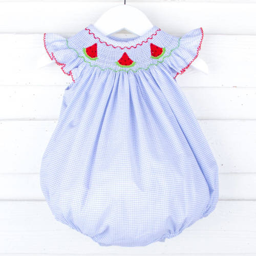 Watermelon Blue Windowpane Smocked Angel Sleeve Bubble