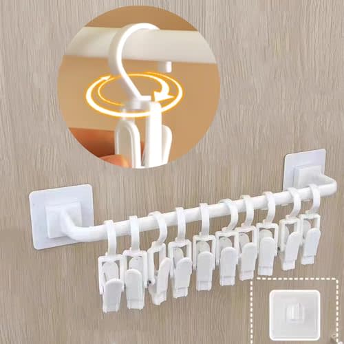 HGYZE Kid Pants Hanger Organizer with 10 Clips: Plastic Baseball Cap Display Holder, White Closet Rail Wall Mounted Door Rack for Drying Baby Socks, Cloth Diapers, Towel, Hats, Toddler Leggings