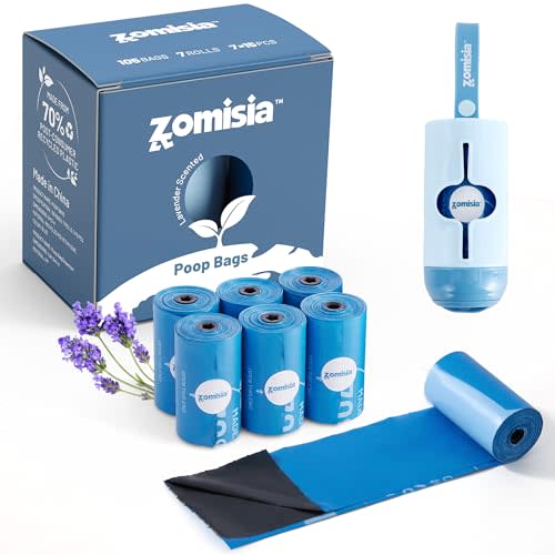 Dog Poop Bags Rolls with Holder - Black-Lined Lavender Dog Waste Bags 7 Rolls, Extra Thick 100% Leakproof, 70% Recycled GRS Certified, 105 Count