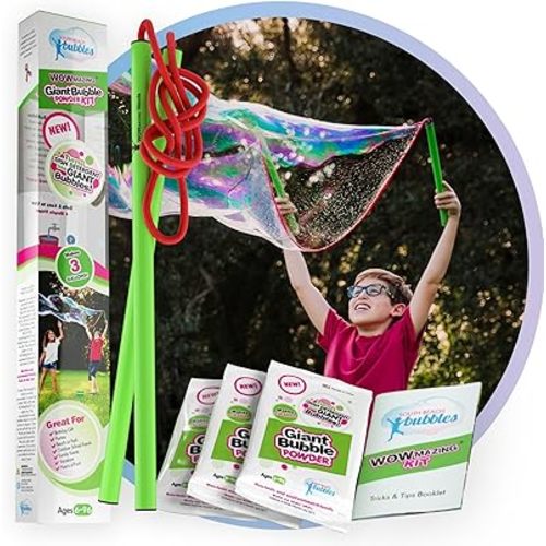 WOWmazing Giant Bubble Powder Kit: Include Large Bubble Wand and 3 Packet of Big Bubble Powder (Makes 3 Gallons) | Outdoor Toy for Kids, Boys, Girls | Powder Made in USA
