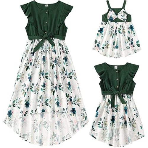 AWIBMK Mommy and Me Matching Dresses Leopard Ruffled Midi Dress Summer Solid Color Stripe Mom Daughter Matching Outfits