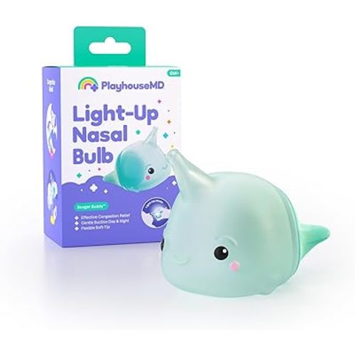 Booger Buddy Nasal Bulb, Narwhal - with LED Light for Babies & Toddlers – BPA-Free Snot Remover for Infant Stuffy Nose and Congestion Relief – Easy to Clean Design
