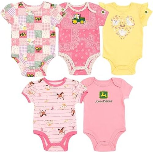 John Deere Farm Animals Tractor Truck Baby 5 Pack Short Sleeve Bodysuits Newborn to Infant Sizes (Newborn - 24 Months)