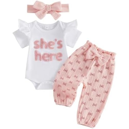 Aunties Bestie Baby Clothes Newborn Baby Girl Short Sleeve She Is Here Romper Bow Pants Set Infant Toddler Outfits
