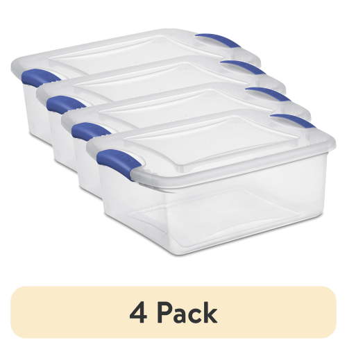 (4 pack) Sterilite 15 Quart Small Latching Storage Bin, Clear Plastic Storage Container with Latch Lid, Blue