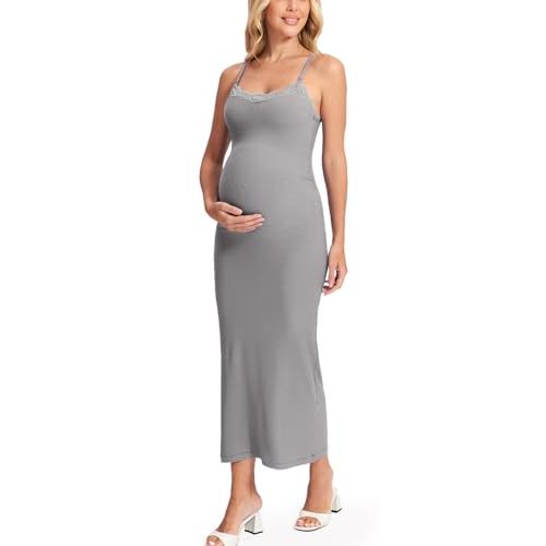 MOMANDA Women's Maternity Dress Ribbed Nursing Nightgowns with Built in Bra Sleeveless Bodycon Dresses for Breastfeeding