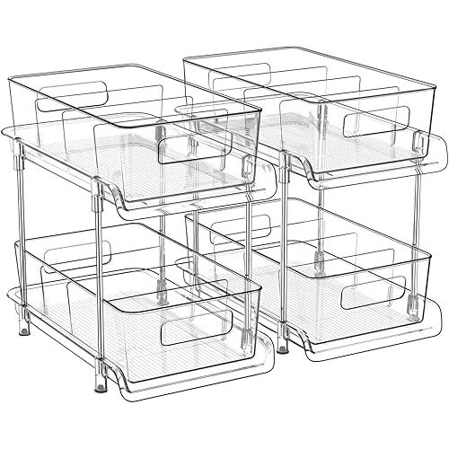 HIHEGD 2-Tier Bathroom Organizer with Dividers, Clear Under Sink and Pull-Out Cabinet Organizer for Kitchen and Pantry Storage