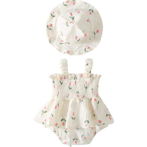 Baby Girl Romper Dress Summer Sleeveless Halter Smocked Dress Floral Print Bubble Romper Newborn Summer Clothes