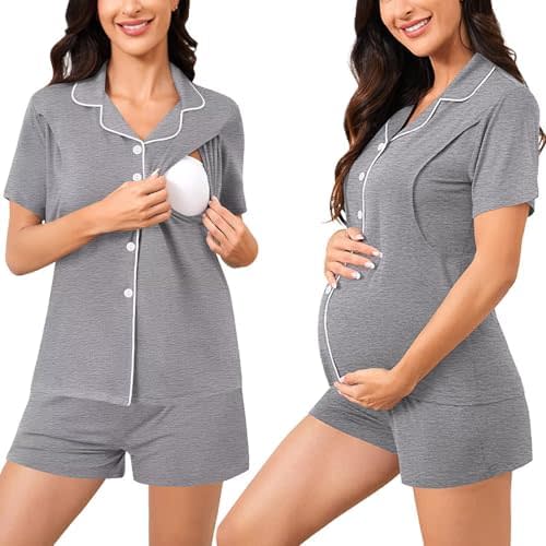 SWOMOG Womens Maternity Nursing Pajama Sets Breastfeeding Sleepwear Postpartum Lounge Sets Double Layer Short Sleeve Pjs