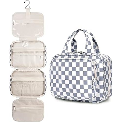 Narwey Hanging Toiletry Bag for Women Travel Makeup Bag Organizer Toiletries Bag for Travel Size Essentials Accessories Cosmetics (Grayish Blue Checkerboard (Medium))