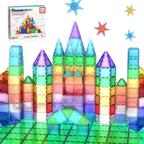 PICASSO-TILES Magnetic Tiles for Kids, 101PCS Construction STEM Building Blocks Educational Toy