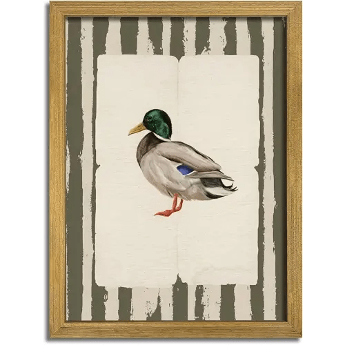 Vintage Framed Duck Wall Art Print, Rustic Mallard Bird Illustration Canvas Poster, Cottagecore Animal Artwork, Farmhouse Nature Wall Decor for Living Room Kitchen Bathroom Bedroom 8x10 inch