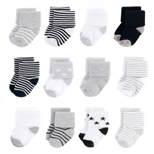 Hudson Baby Infant Unisex Cotton Rich Newborn and Terry Socks, Gray Black Stars, 6-12 Months