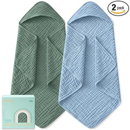Yoofoss Hooded Baby Towels for Newborn 2 Pack 100% Muslin Organic Cotton Baby Bath Towel with Hood for Babies, Infant, Toddler and Kids, Large 32x32Inch, Soft and Absorbent Newborn Essential