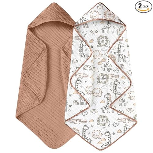 Yoofoss Hooded Baby Towels for Newborn 2 Pack 100% Muslin Organic Cotton Baby Bath Towel with Hood for Babies, Infant, Toddler and Kids, 32x32Inch, Soft and Absorbent Newborn Essential, Giraffe