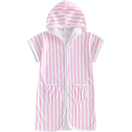 Girls Boys Hooded Terry Coverups One Piece Swimsuits Summer Striped Trim Zip Up Short Sleeve Swim Cover Up Beachwear