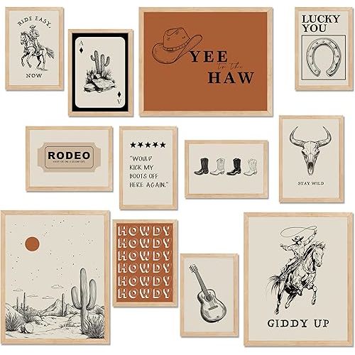 TwoDays Western Wall Decor, Retro Southwest Wall Art, Wild West Cowboy Rodeo Posters, Vintage Country Howdy Prints for Home Living Room Bedroom (Multi Sizes, 8" X 10" Largest, Set of 12, UNFRAMED)