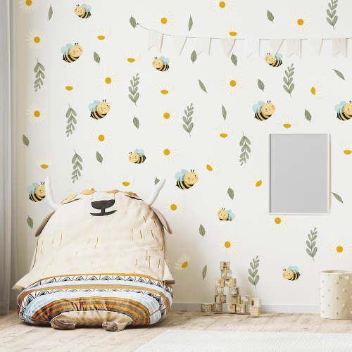 Daisy and Bee Wall Decals,Floral Bee Kids Room Decor,Flower Vinyl Decals,Removable Daisy Bumblebee Art Stickers，for Girls Bedroom Nursery Living Room Office Floral Wall Decor