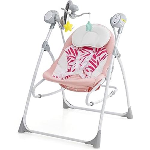 INFANS 2 in 1 Baby Swing and Bouncer for Infants, Portable Newborn Rocker with 5 Speed Sway Music Timing 3 Toys Remote Control, Easy Fold, Compact Electric Baby Swing for 0-6 Months (Light Pink)