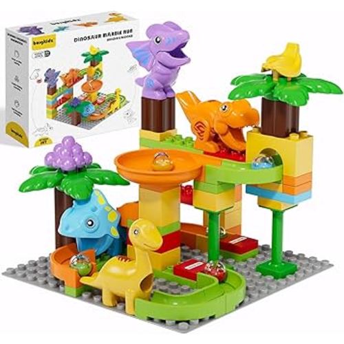 Kid Marble Run Building Blocks Dinosaur, Montessori Learning STEM Toy Bricks Maze Puzzle Set Race Track Compatible with Major Brands for Age 3 4 5 6 7 8+ Boys Girls Gift 67PCS