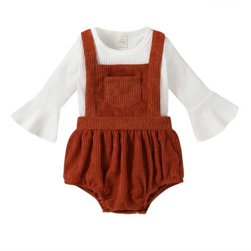 Younger Tree Newborn Baby Girl Clothes Bell Sleeve Romper and Corduroy Overalls Shorts Infant Girl Fall Outfits for 12-18 Months