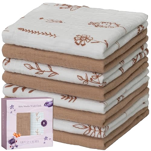 LILY O LAUREL Muslin Baby Washcloths for Newborns, Pack of 8, 11"x11", Super Soft Cotton, Absorbent and Gentle, Baby Cotton Wipes, Baby wash Cloths