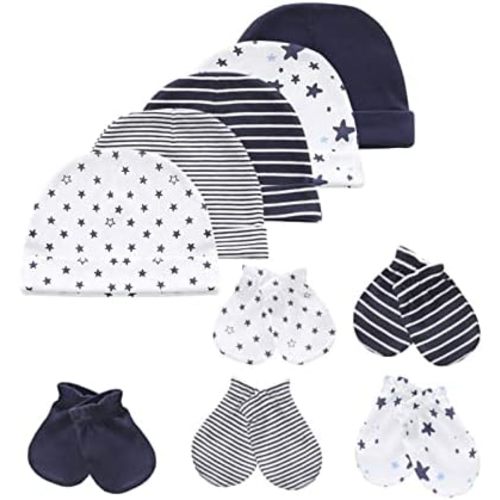 MAMIMAKA Baby Hat and Mittens Set Newborn Baby Hats Caps for Baby Boys Girls 0-6 Months 100% Cotton