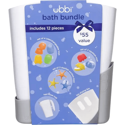 Ubbi Bath Toy & Drying Bin Bundle, Includes 10 Bath Toys, 1 Hair Rinse Cup and 1 Gray Toy Drying Bin, Infant and Toddler Bathtub Accessories