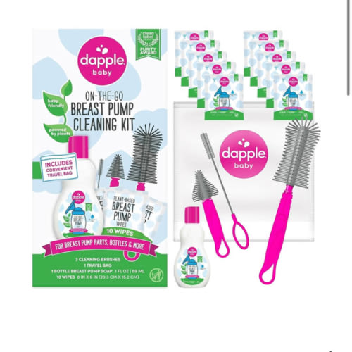 Dapple Breast Pump Cleaning Kit, 3 Baby Bottle Cleaning Brushes, Hypoallergenic & Powered by Plants, Removes Milk Residue, Leaves No Taste, 3oz Soap, 10ct Wipes 3 Cleaning Brushes