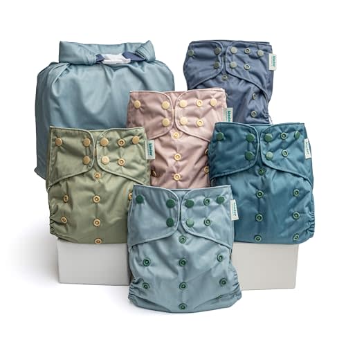 Kinder Cloth Diapers Reusable Baby Diapers Pocket Style Athletic Wicking Jersey, Wet Bag, Newborn to Potty Training 7-60lbs, One Size (Coastal Calm, 5 Pack, Without Inserts)