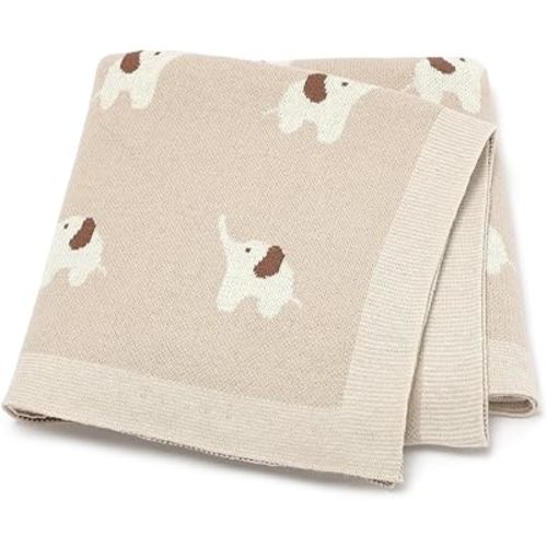 Hadetoto 100% Cotton Baby Blanket Knit Soft Cozy Swaddle Receiving Blankets Toddler Infant Blanket with Lovely Elephant for Newborn Boy Girls - Camel, 90 x 70cm