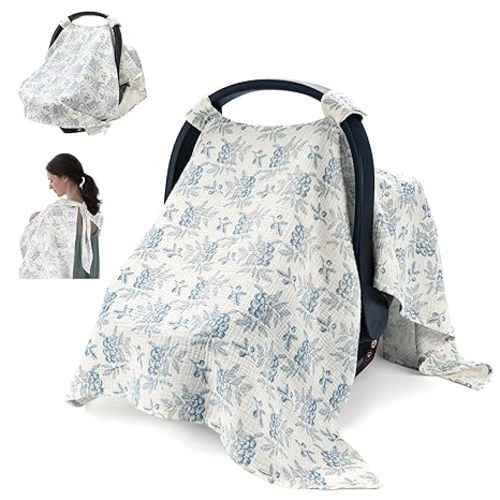 SERAPHY 2-in-1 Muslin Baby Car Seat Cover & Nursing Cover, Soft Lightweight Breastfeeding Cover for Boys and Girls,Breathable Canopy for Infant Carseat & Stroller for Summer—Blueberrie