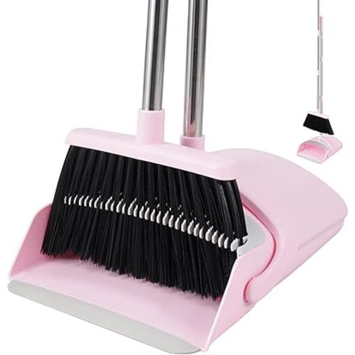 Pink Broom and Dustpan Set, 52” Long Adjustable Handle Broom with Dustpan Combo Set with Dust Pan Teeth to Clean Hair for Home Lobby Office