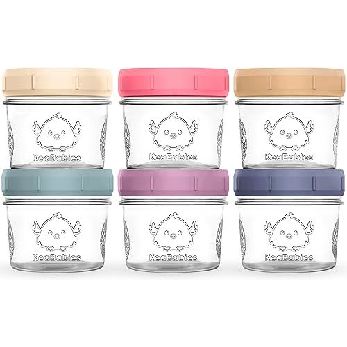 KeaBabies 6pk 4oz Glass Baby Food Containers with Lids - Leak-Proof, Microwavable Small Glass Jars, Baby Purees & Toddler Snack Storage Containers, BPA-Free, Dishwasher & Freezer Safe (Sunset)
