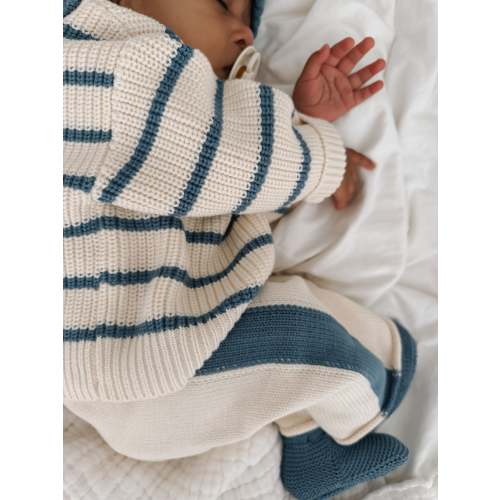 Knit Striped Pants  - Cream & Denim Blue