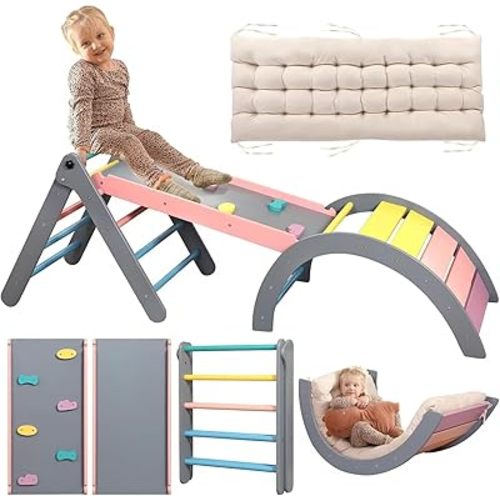 Pikler Triangle Set with Cushion, 7 in 1 Toddler Climbing Toys Indoor, Montessori Foldable Climbing Set, Wooden Climbing Toys for Toddlers Inside with Ramp, Arch and Ladder (Rainbow with Blue)