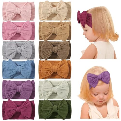 12 PCS Baby Nylon Headbands Handmade Wide Baby Girl Bows Headbands Elastics HairBands Hair Accessories for Newborn Infants Toddlers Kids