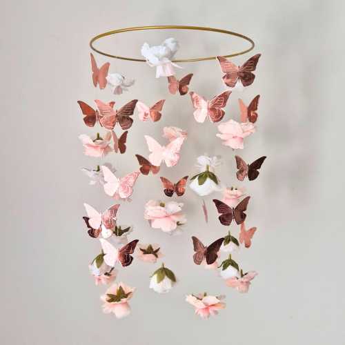 Flower and Butterfly Mobile, Baby Girl Mobile for Crib, Butterfly Crib Mobile, Rose Gold Baby Mobile, Flower Mobile, Floral Nursery Mobile