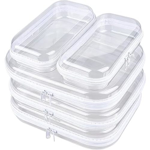 5-Pack Clear Hard Shell Zipper Case With Lids – 3 Large and 2 Small Clear Pencil Case, Stackable,Zipper Pouches Hard Shell for Cosmetics, Charging Cables, Sketch Supplies
