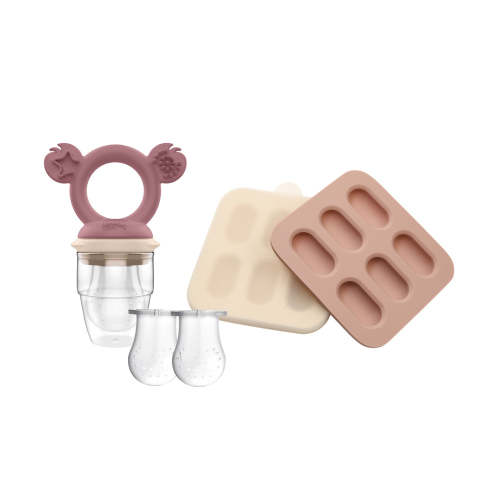 BUNDLE SALE - Silicone Fresh Food Feeder + Silicone Baby Nibble Freezer Tray 2PK + 2PK Nets - Dusty Rose & Sand