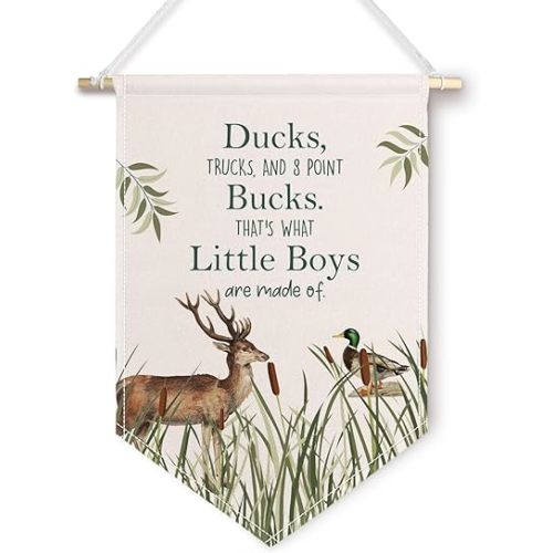 ChissNook Ducks Bucks Little Boys Canvas Banner, Boy Nursery Hanging Pennant Banner Flags Wall Display, Wild Mallard Duck Deer Wall Decor for Toddler Kids Boys Room Bedroom Nursery Playroom