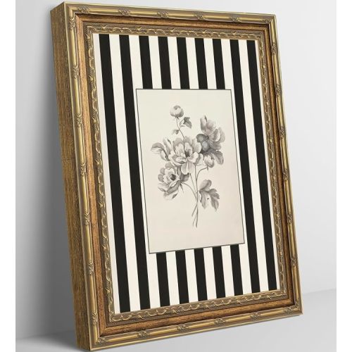Vintage Gold Framed Floral Canvas Wall Art, Black and White Striped Botanical Peony Sketch Painting Style Print, Retro Farmhouse Flower Wall Decor for Living Room, Bedroom, Bathroom, 9x11 in