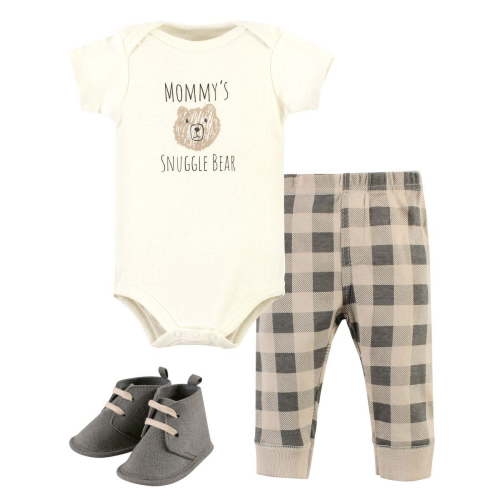 Hudson Baby Cotton Bodysuit, Pant and Shoe Set, Snuggle Bear Short Sleeve, 0-3 Months