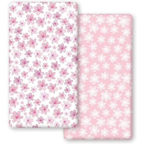 Horaldaily 2 Pack Fitted Crib Sheet for Boys Girls,Soft Breathable Washable Jersey Microfiber Baby Crib Sheet, Fits Standard Size Crib Mattress 28in x 52in, Cute Floral Nursery Sheet Pink/White