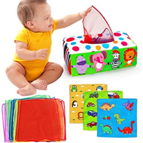 Baby Toys 3 4 5 6 7 8 9 12 Month Old Montessori Tissue Box Toys for Babies Infants 0-6 6-12 Months Soft Sensory Educational Crinkle Toys Scarves Developmental for 1 2 Year Old Boys Girls Toddlers Gift