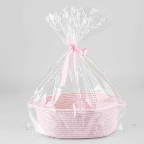 JUNBOLE Baby Gifts Basket Empty with Gifts Bag and Ribbon13”x10”x5” Gift Baskets to Fill Easter Baskets Birthday Baskets Small Woven Cotton Rope Basket Baby Toy Baske pink, large