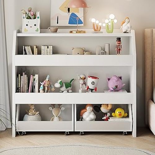 COZPAW Toy Storage Organizer, 3 Tier Montessori Shelf with Movable Bins, Toy Organizers Book Shelf for Kids Room, Playroom, Nursery (White)