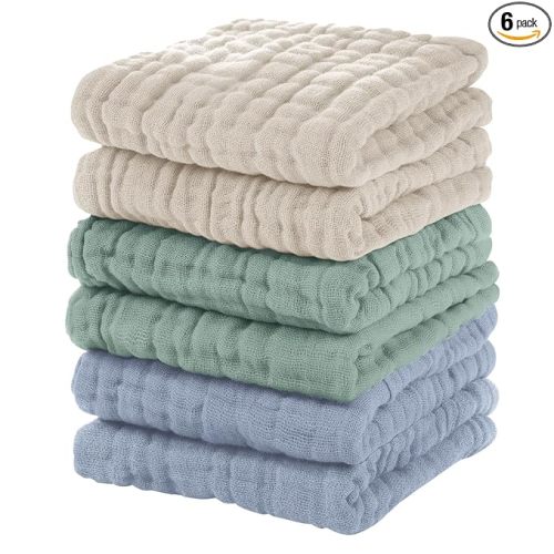 Muslin Burp Cloths Baby 12''X12'', Baby Washcloths 6 Pack, 100% Cotton Baby Wash Cloths Absorbent and Soft for Newborn Infants Kids Boys Girls - Apricot Green Sapphire Blue