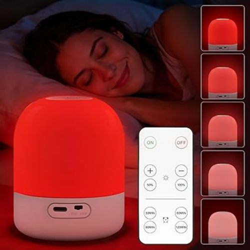 670nm Red Light for Sleep, 100% Blue Light Blocking, 360° Red Night Light Lamp with Remote & Touch Control, Dimmable, 4 Timers, Melatonin Promoting Natural Sleep Aid for Bedside Bedroom, Baby Nursery