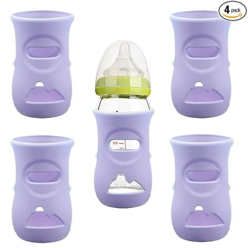 4 Pack Silicone Sleeves for Avent Natural Glass Baby Bottles, Anti Breakage Baby Bottle Holder, Compatible with Philips Avent Glass Natural Baby Bottle, BPA Free (Purple, 8 OZ)